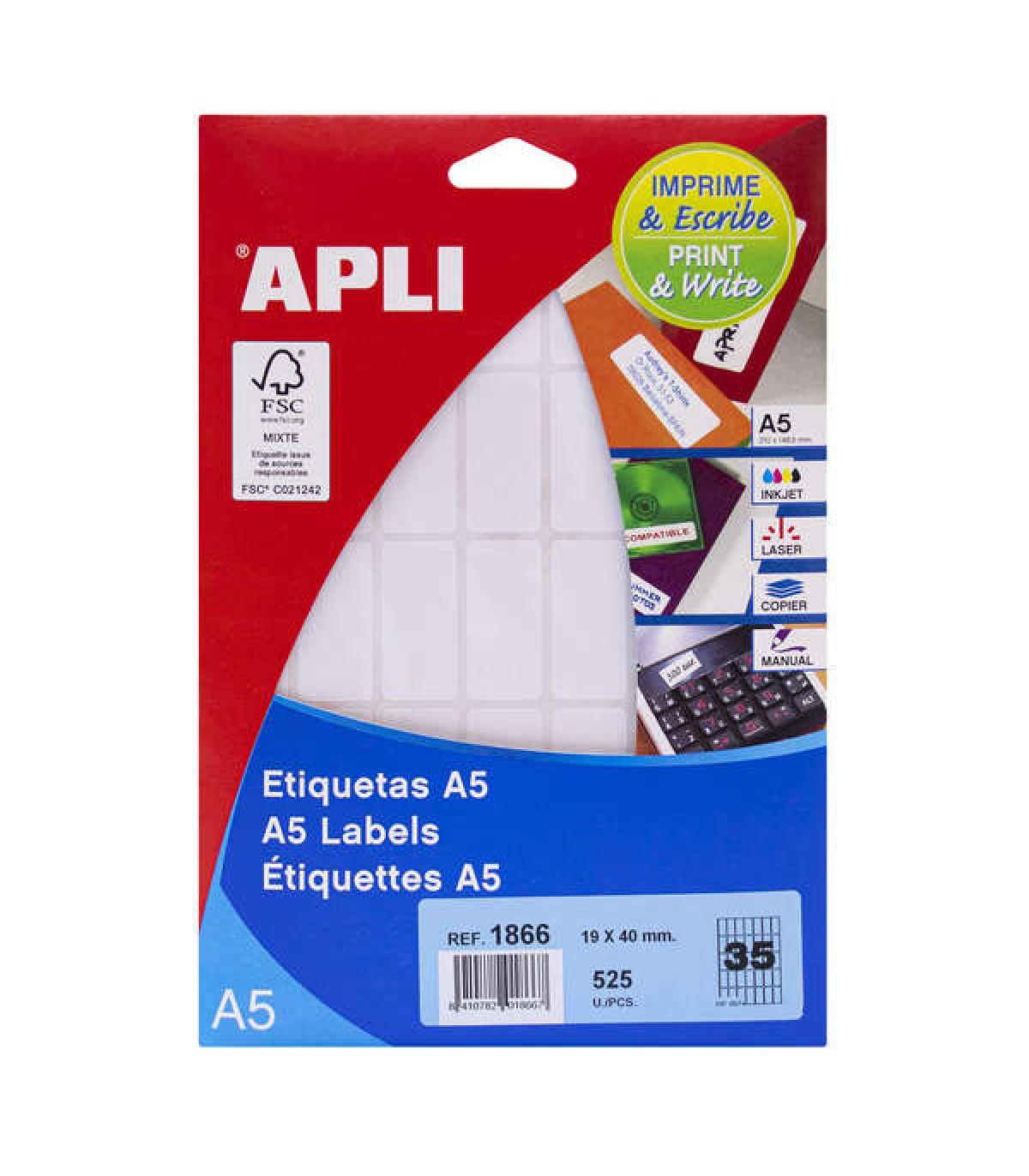 Apli Etiquetas A5 Blancas 19.0 x 40.0mm 15 Hojas