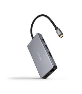 Nanocable HUB USB-C 9 en 1 -Conversor USB-C a 3 x USB-A + 2 x HDMI + RJ45 + TF + SD + USB-C PD 100W - Aluminio - 15cm - Color Gr