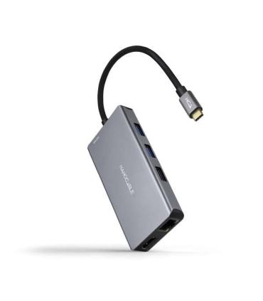Nanocable HUB USB-C 9 en 1 -Conversor USB-C a 3 x USB-A + 2 x HDMI + RJ45 + TF + SD + USB-C PD 100W - Aluminio - 15cm - Color Gr