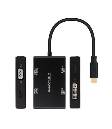 Nanocable Conversor USB-C/M a HDMI/H + DVI/H + DP/H + VGA/H - 10cm - Color Negro