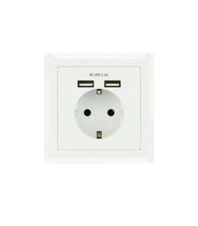 Nanocable Roseta Base de Enchufe de Pared Empotrable Tipo Schuko con 2 Tomas USB 2.4A - Color Blanco
