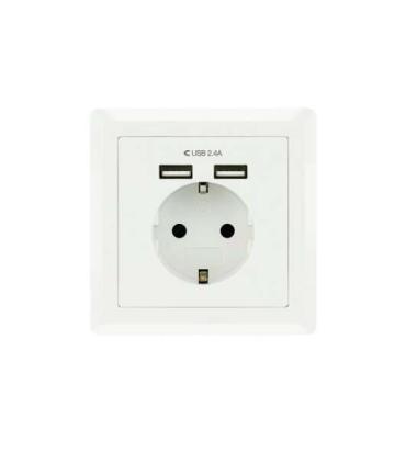 Nanocable Roseta Base de Enchufe de Pared Empotrable Tipo Schuko con 2 Tomas USB 2.4A - Color Blanco