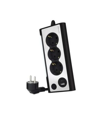 Nanocable Regleta de Sobremesa con 3x Shuckos, 1x USB-C y 1x USB-A - Iluminacion LED con Interruptor - Cable de 1.50m