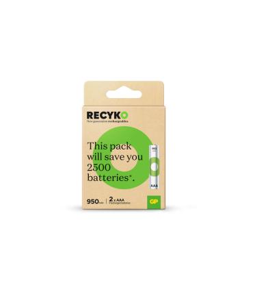 GP ReCyko Pack de 2 Pilas Recargables 950mAh AAA 1.2V - Precargadas - Ciclo de Vida: Hasta 1.000 Veces