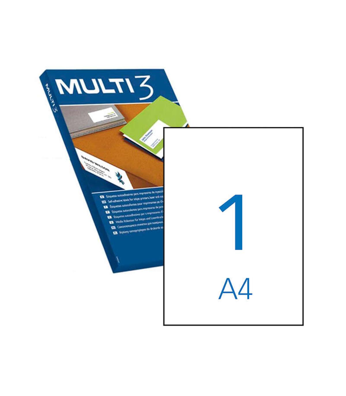 Multi3 Pack de 500 Etiquetas Blancas Cantos Rectos Tamaño 210.0X297.0mm con Adhesivo Permanente para Multiples Usos