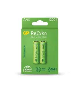 GP ReCyko Pack de 2 Pilas Recargables 1300mAh AA 1.2V - Precargadas - Fabricadas con mas del 10% de Materiales Reciclados
