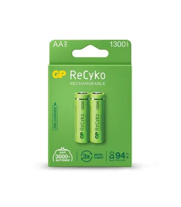 GP ReCyko Pack de 2 Pilas Recargables 1300mAh AA 1.2V - Precargadas - Fabricadas con mas del 10% de Materiales Reciclados
