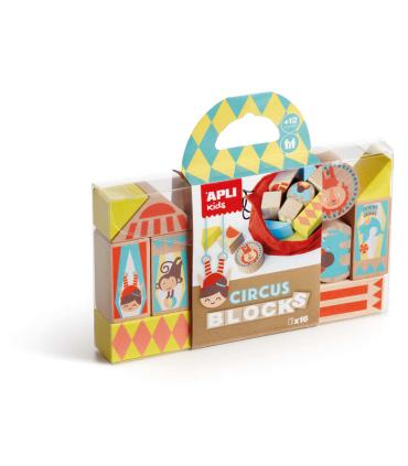 Apli Juego de Bloques de Madera Apilables Modelo Circo - 16 Piezas con Bolsa de Tela - Pino de Alta Calidad con Impresion a Todo