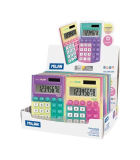 Milan Pocket Sunset Expositor con 12 Calculadoras de Bolsillo - 8 Digitos - Tacto Suave - Colores Surtidos