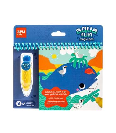 Apli Bloc Pinta y Colorea con Agua Marino - Block con 6 Laminas de Dibujo - Pincel Recargable con Agua - Colorea Una y Otra Vez