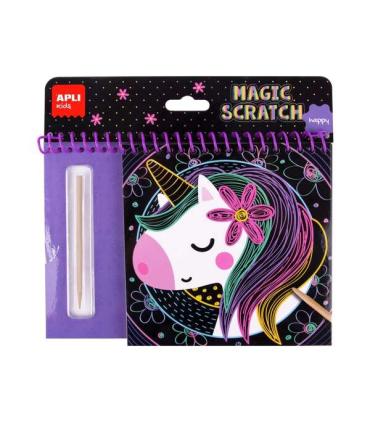 Apli Bloc Magic Scratch Happy - 8 Laminas para Rascar - Palito Rascador de Madera - Ilustracion con Imagen de Muestra