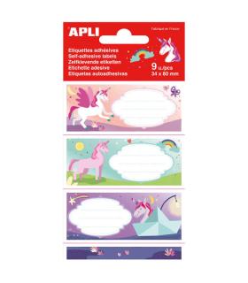 Apli Etiquetas Adhesivas Escolares Unicornios - Tamaño 81x36mm - 9 Etiquetas (3 por Diseño) - Adhesivo Permanente de Alta Calida