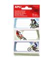 Apli Etiquetas Adhesivas Escolares Motos - Tamaño 81x36mm - 9 Etiquetas (3 por Diseño) - Adhesivo Permanente de Alta Calidad - C