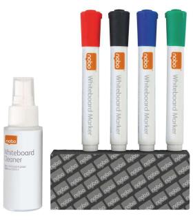 Nobo Kit Basico Accesorios Pizarra Blanca Borrado Seco - 4 Rotuladores Pizarra - Borrador Pizarra - Spray Limpiador 50Ml - Negro