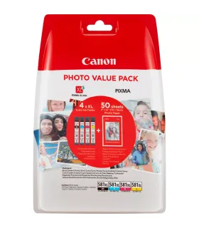 Canon CLI581XL Pack de 4 Cartuchos de Tinta Originales - 50 Hojas de Papel Fotografico - 2052C004