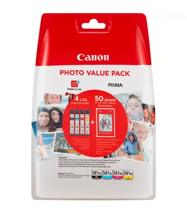 Canon CLI581XL Pack de 4 Cartuchos de Tinta Originales - 50 Hojas de Papel Fotografico - 2052C004