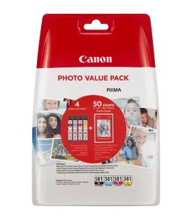 Canon CLI581 Pack de 4 Cartuchos de Tinta Originales - 50 Hojas de Papel Fotografico - 2106C005