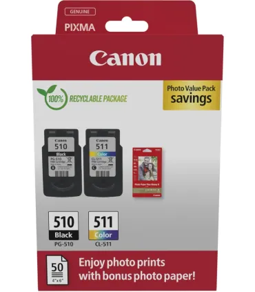 Canon PG-510/CL-511 Multipack de 2 Cartuchos de Tinta Originales + 50 Hojas de Papel Fotografico - 2970B017