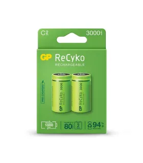 GP ReCyko Pack de 2 Pilas Recargables 3000mAh C 1.2V - Precargadas - Ciclo de Vida: Hasta 1000 Veces