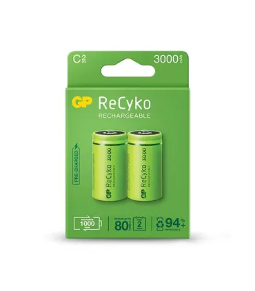 GP ReCyko Pack de 2 Pilas Recargables 3000mAh C 1.2V - Precargadas - Ciclo de Vida: Hasta 1000 Veces