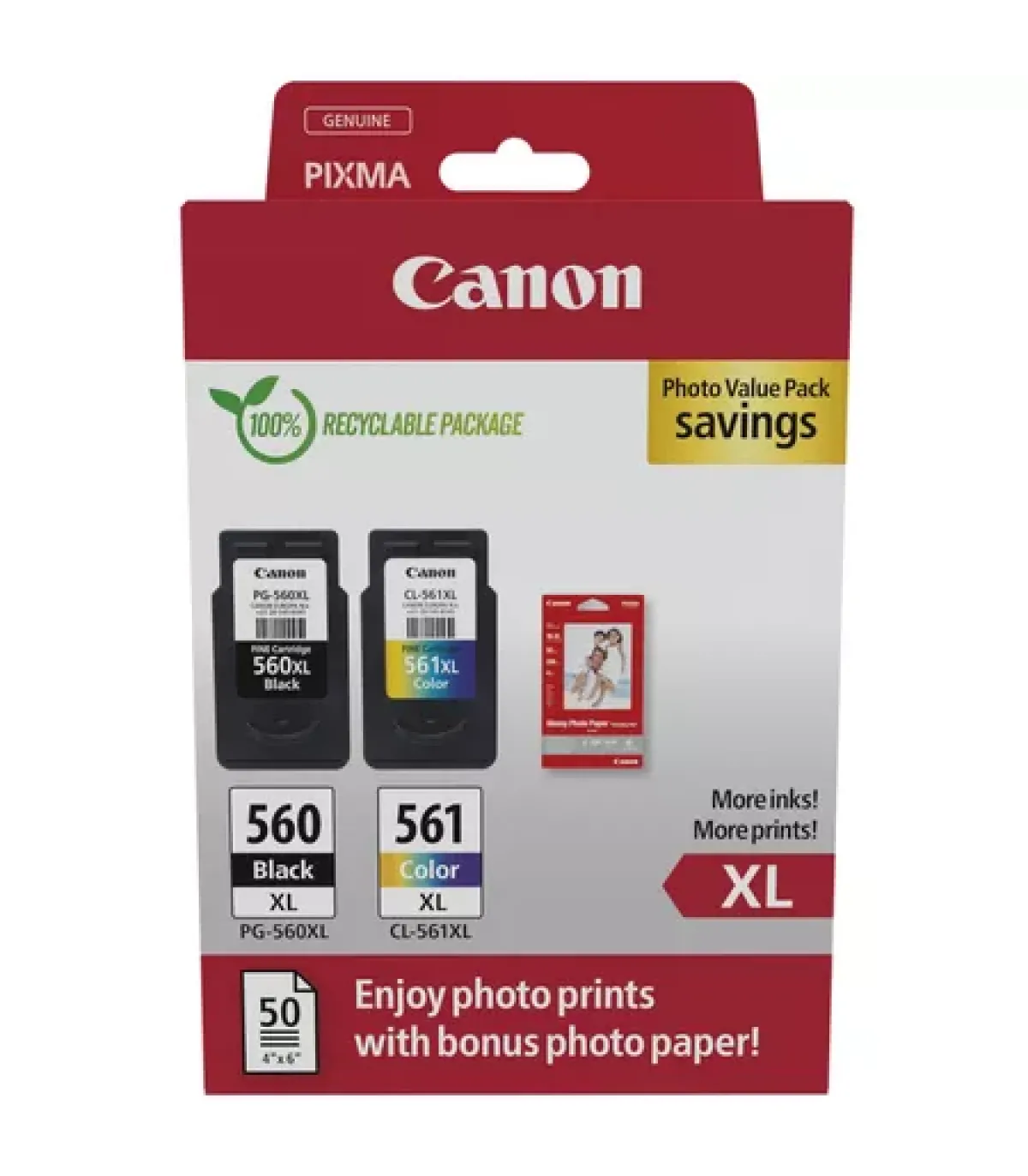 Canon Ecopack PG560XL Negro + CL561XL Color Pack de 2 Cartuchos de Tinta Originales - 50 Hojas de Papel Fotografico - 3712C008