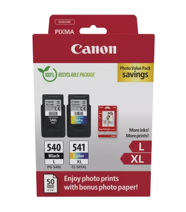 Canon PG-540L/CL-541XL Pack de 2 Cartuchos de Tinta Originales + 50 Hojas de Papel Fotografico - 5224B012