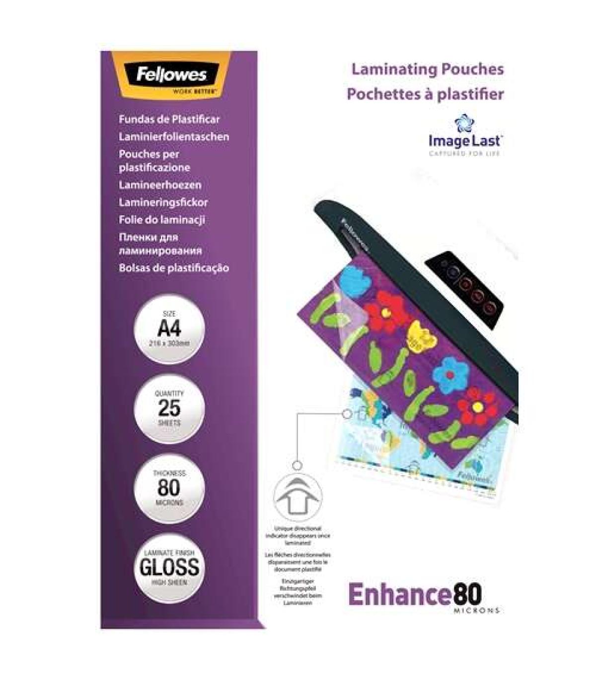 Fellowes Pack de 25 Fundas para Plastificar Brillo A4 - 80 Micras - Alta Calidad - Transparente