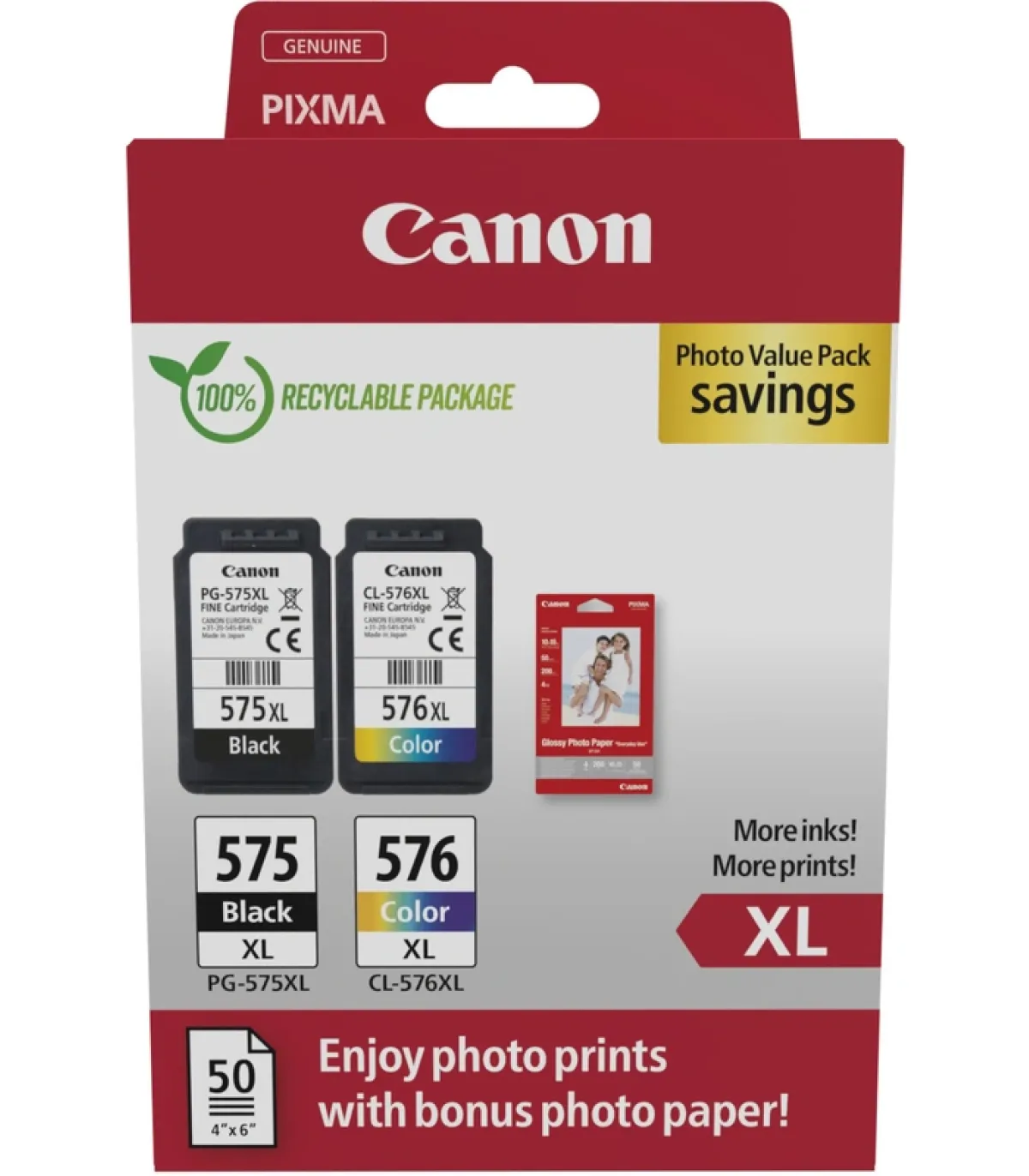 Canon PG-575XL/CL-576XL Multipack de 2 Cartuchos de Tinta Originales + 50 Hojas de Papel Fotografico - 5437C006