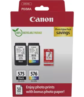 Canon PG-575/CL-576 Pack de 2 Cartuchos de Tinta Originales + 50 Hojas de Papel Fotografico - 5438C004