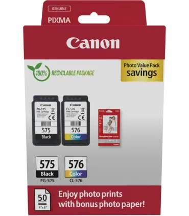 Canon PG-575/CL-576 Pack de 2 Cartuchos de Tinta Originales + 50 Hojas de Papel Fotografico - 5438C004