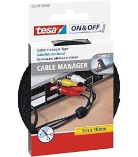 Tesa On & Off Cable Manager Pack de Tira de Velcro 5m x 10mm - Para Organizar Cables - Color Negro