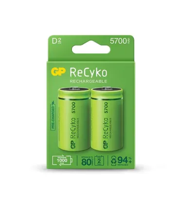 GP ReCyko Pack de 2 Pilas Recargables 5700mAh D 1.2V - Precargadas - Ciclo de Vida: Hasta 1000 Veces
