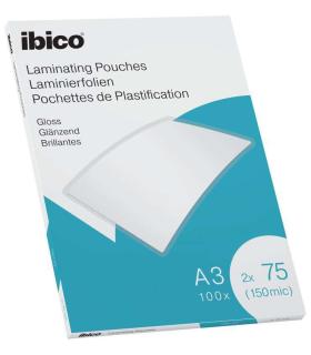 Ibico Gloss A3 150 Micras Carteras de Plastificar - Acabado Cristalino de Alto Brillo - Tamaño A3 - Caja de 100 - Color Transpar