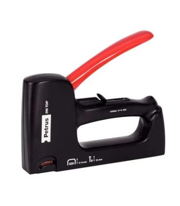 Petrus 295 Top Clavadora/Grapadora - Para Grapas 530/6 a 14mm y Pins Tipo 8 de 15mm - Ajuste de Potencia - Color Negro/Rojo
