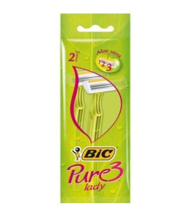 Bic Pure 3 Lady Pack de 2 Maquinillas de Depilacion Desechables de 3 Hojas - Tira Lubricante con Aloe Vera