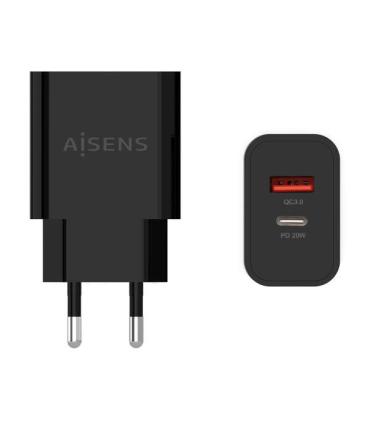 Aisens Cargador 20W - 1xUSB-C PD3.0 - 1xUSB-A QC3.0 - Color Negro