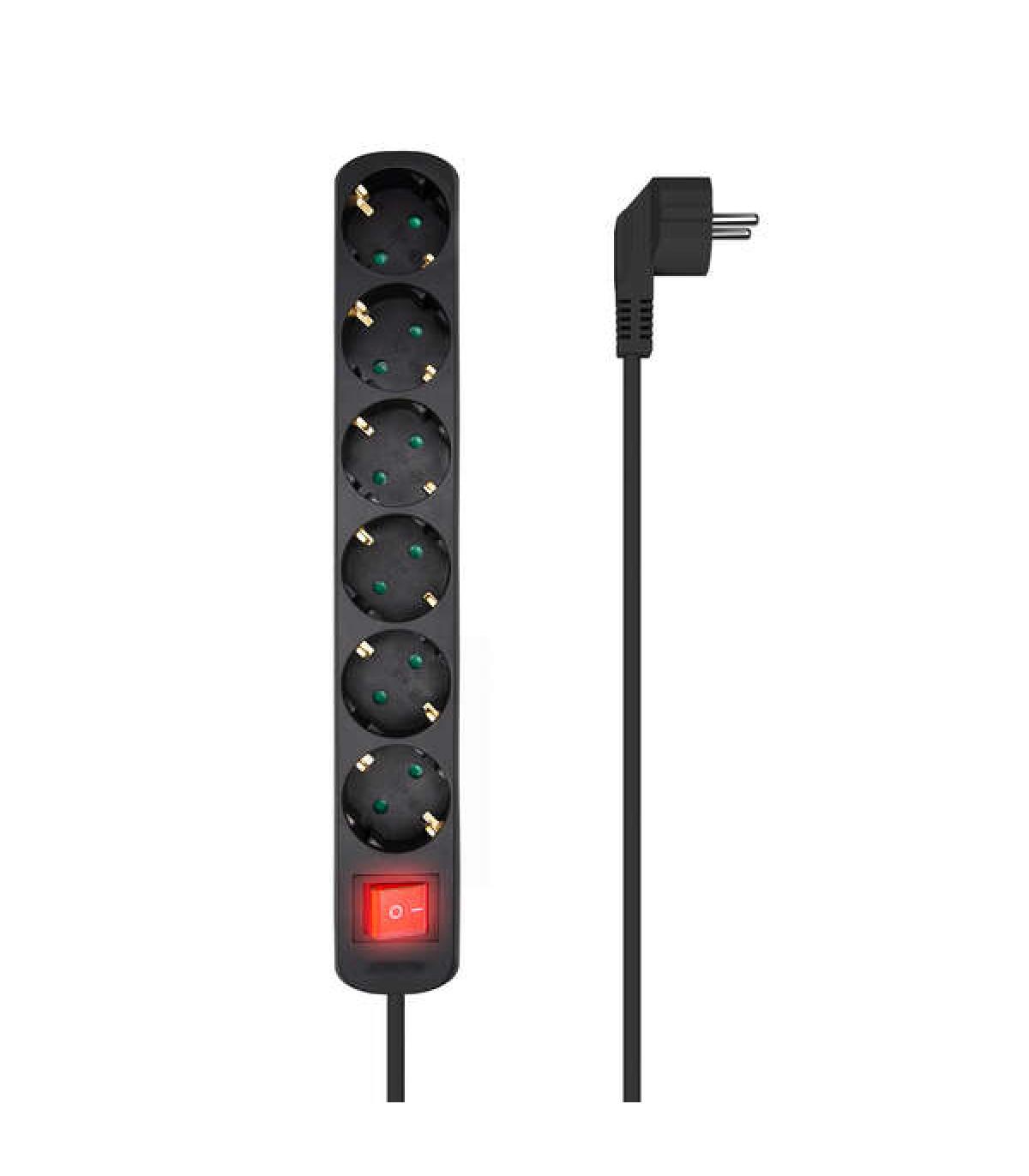 Aisens Regleta Multiple de 6 Tomas con Interruptor con Cable 3×1.5mm2 - 1.4m - Color Negro
