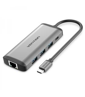 Vention Docking Station 7 en 1 USB-C a HDMI 4K/3xUSB3.0/RJ45/Lector SD/TF/PD87W - 0.15m - Color Gris