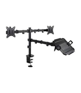Tooq Soporte de Mesa para 2 Monitores de 17"-32" + Bandeja para Portatil - Gestion de Cables - Peso Max 9kg x Brazo - VESA 100x1