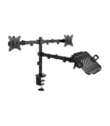 Tooq Soporte de Mesa para 2 Monitores de 17"-32" + Bandeja para Portatil - Gestion de Cables - Peso Max 9kg x Brazo - VESA 100x1