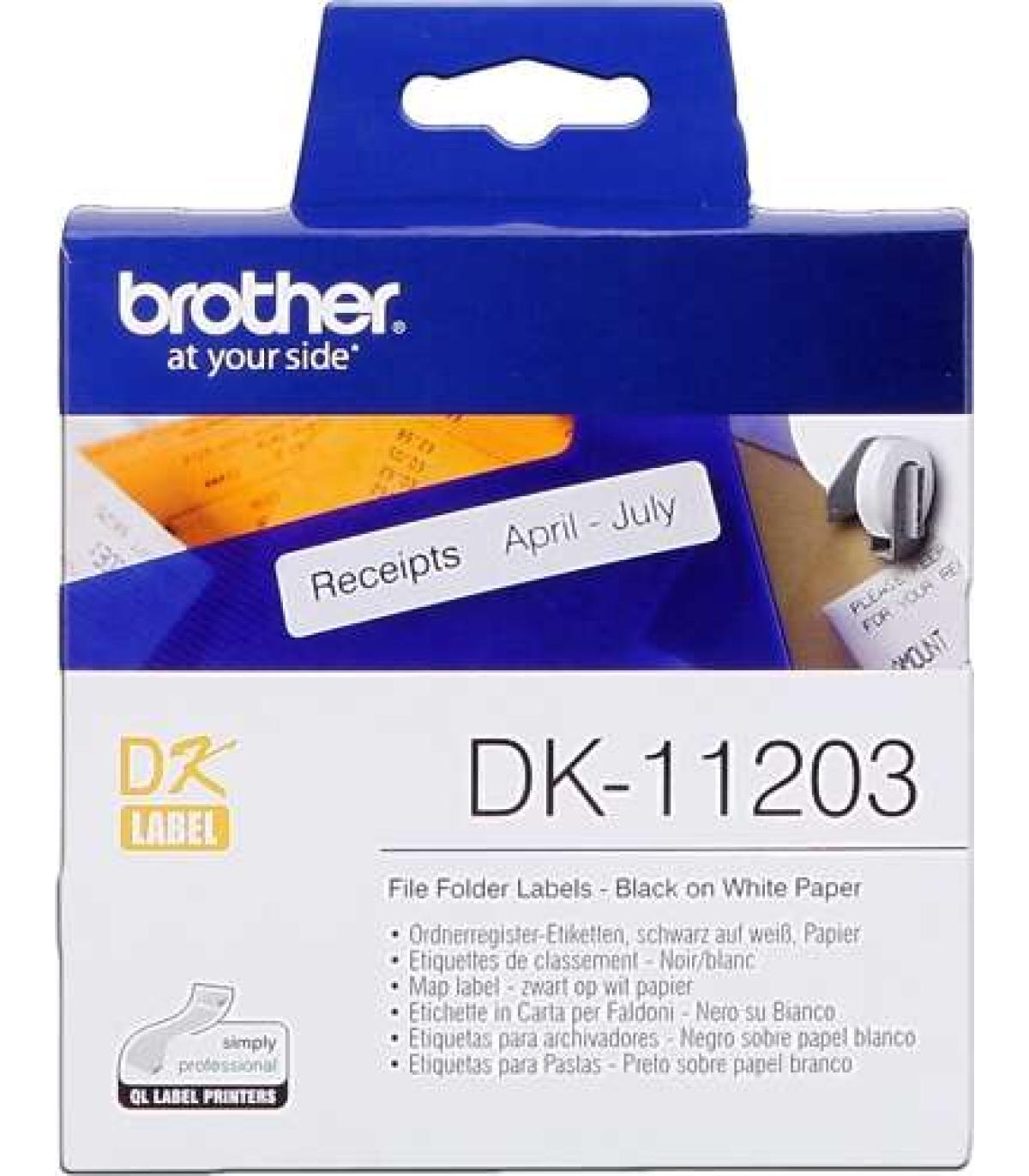 Brother DK11203 - Etiquetas Originales Precortadas para Carpetas - 17x87 mm - 300 Unidades - Texto negro sobre fondo blanco