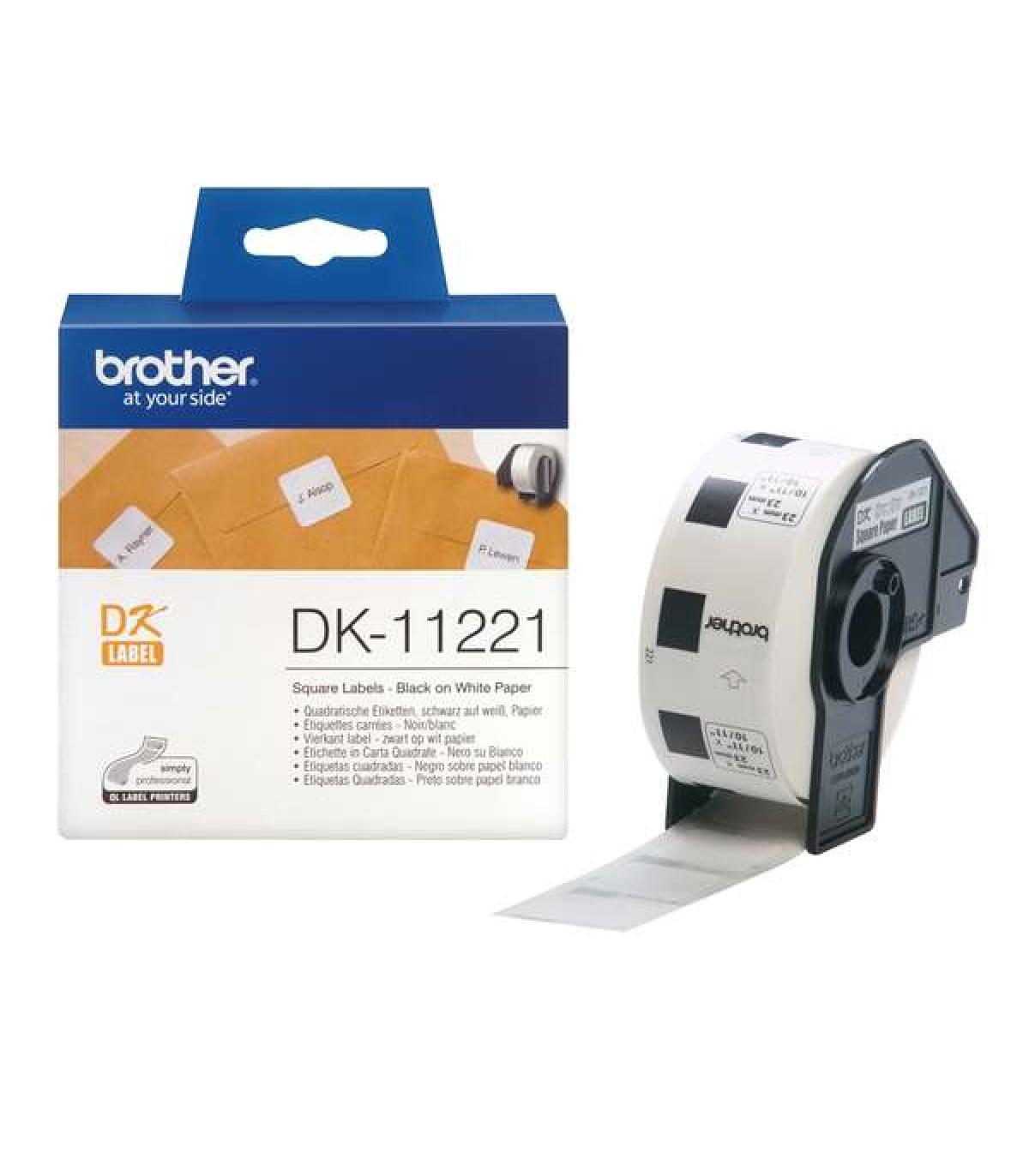 Brother DK11221 - Etiquetas Originales Precortadas Cuadradas - 23x23 mm - 1000 Unidades - Texto negro sobre fondo blanco