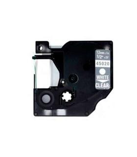 Dymo D1 45020 Cinta de Etiquetas Generica para Rotuladora - Texto blanco sobre fondo transparente - Ancho 12mm x 7 metros - Reem