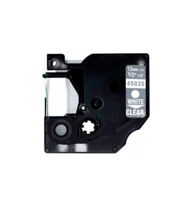 Dymo D1 45020 Cinta de Etiquetas Generica para Rotuladora - Texto blanco sobre fondo transparente - Ancho 12mm x 7 metros - Reem