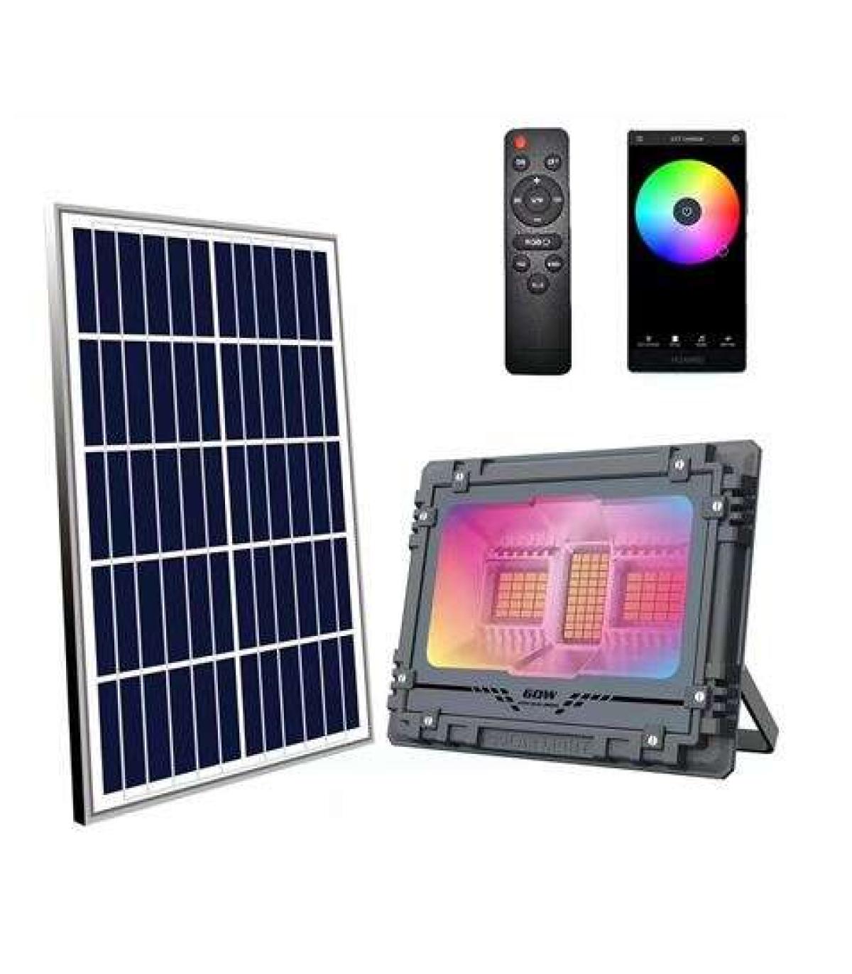 Elbat Foco Solar Led RGB 60W - 515LM - Bluetooth - Bateria 5V/6AH - Control Remoto - IP67