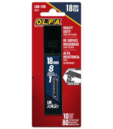 Olfa Pack de 10 Cuchillas de Negras para Cuters 18mm - Acero al Carbono - Un 25% mas Afiladas - 8 Segmentos