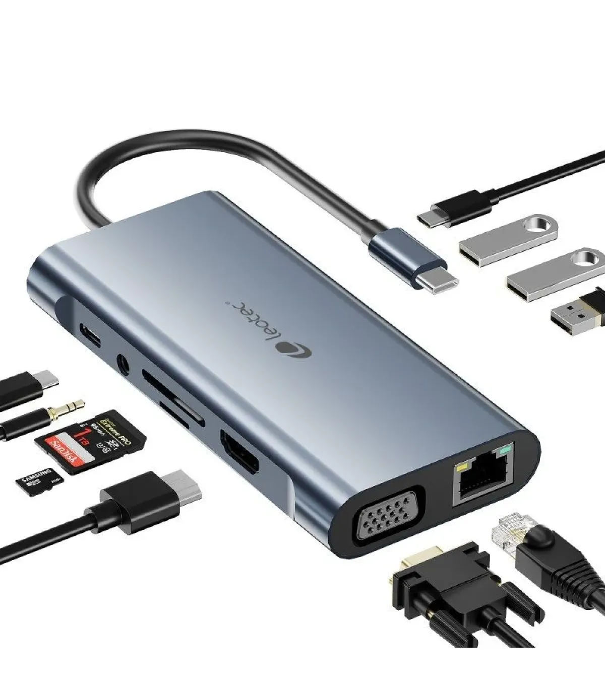 Docking USB Tipo-C Leotec LEDS01/ 3xUSB/ 2xUSB Tipo-C/ 1xUSB Tipo-C PD/ 1xHDMI 4K/ 1xVGA/ 1xRJ45/ 1xAudio/ 1xLector Tarjetas SD.