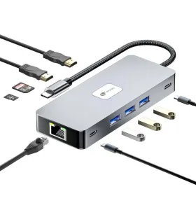 Docking USB Tipo-C Leotec LEDS02/ 3xUSB/ 1xUSB Tipo-C/ 1xUSB Tipo-C PD/ 2xHDMI 4K/ 1xRJ45/ 1xLector Tarjetas SD y MicroSD/ Gris