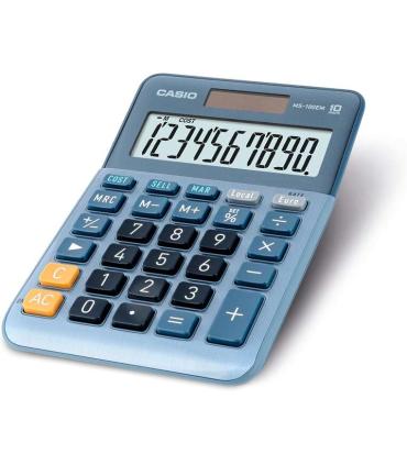 Casio MS-100EM Calculadora de Sobremesa Pequeña - Pantalla LCD de 10 Digitos - Alimentacion Solar y Pilas - Color Azul