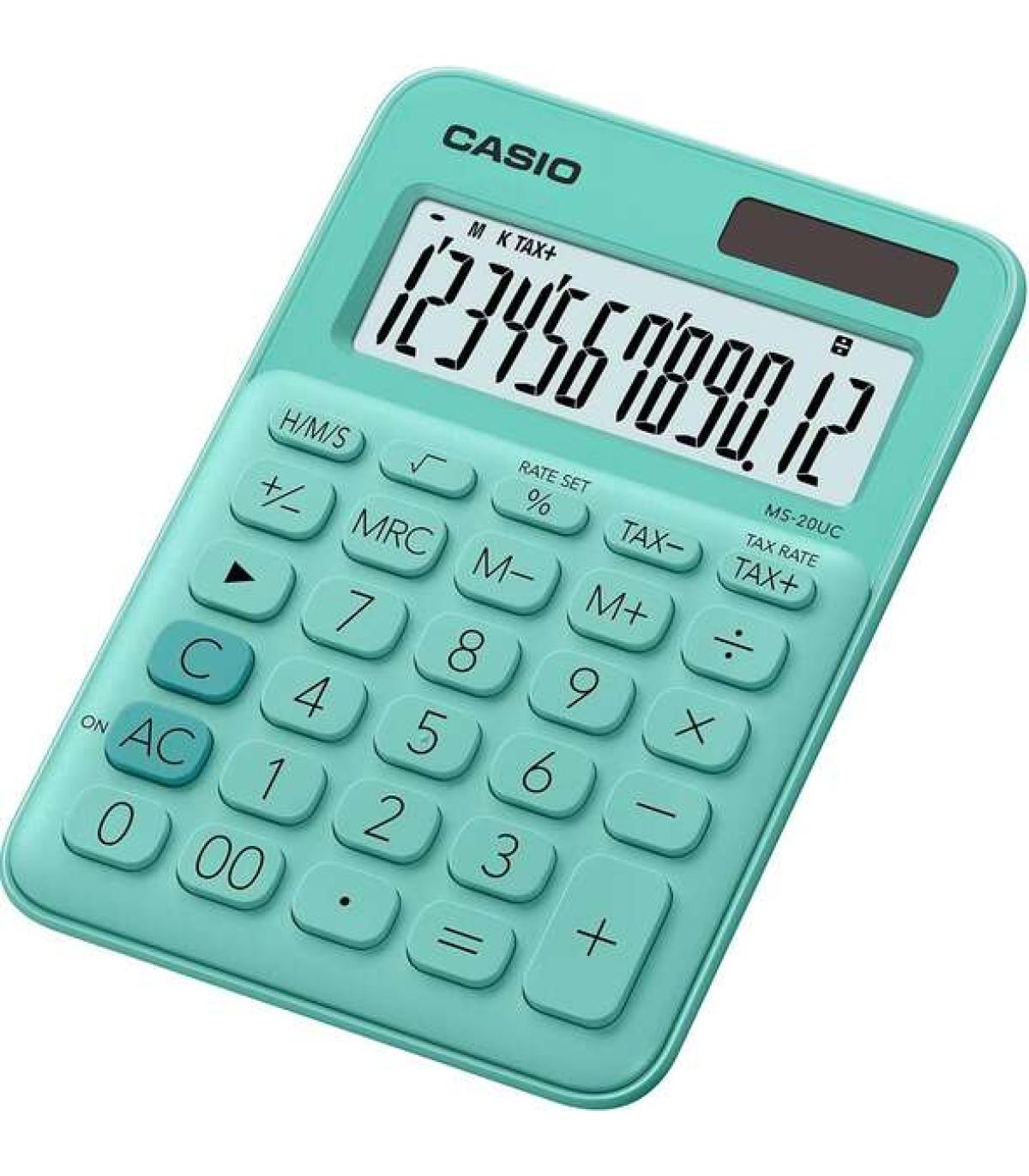 Casio MS-20UC Calculadora de Sobremesa Pequeña - Pantalla LCD de 12 Digitos - Alimentacion Solar y Pilas - Color Verde